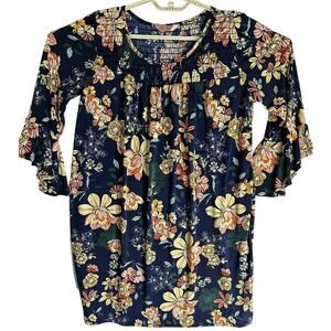 SJP Dress Womens Size L Blue Pink Beige Floral Smocked Ruffle Long Sleeves Fairy